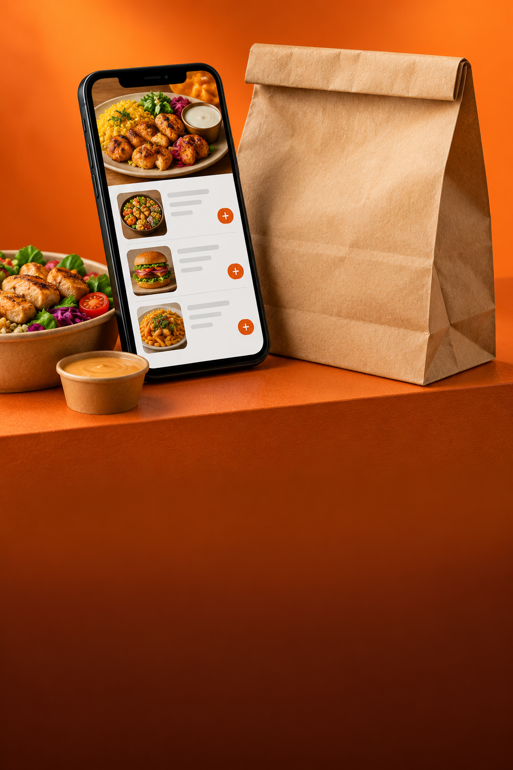 Illustrative online ordering phone beside a takeaway bag