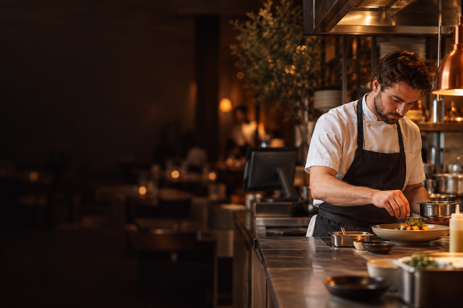 A chef preparing a dish at a restaurant counter