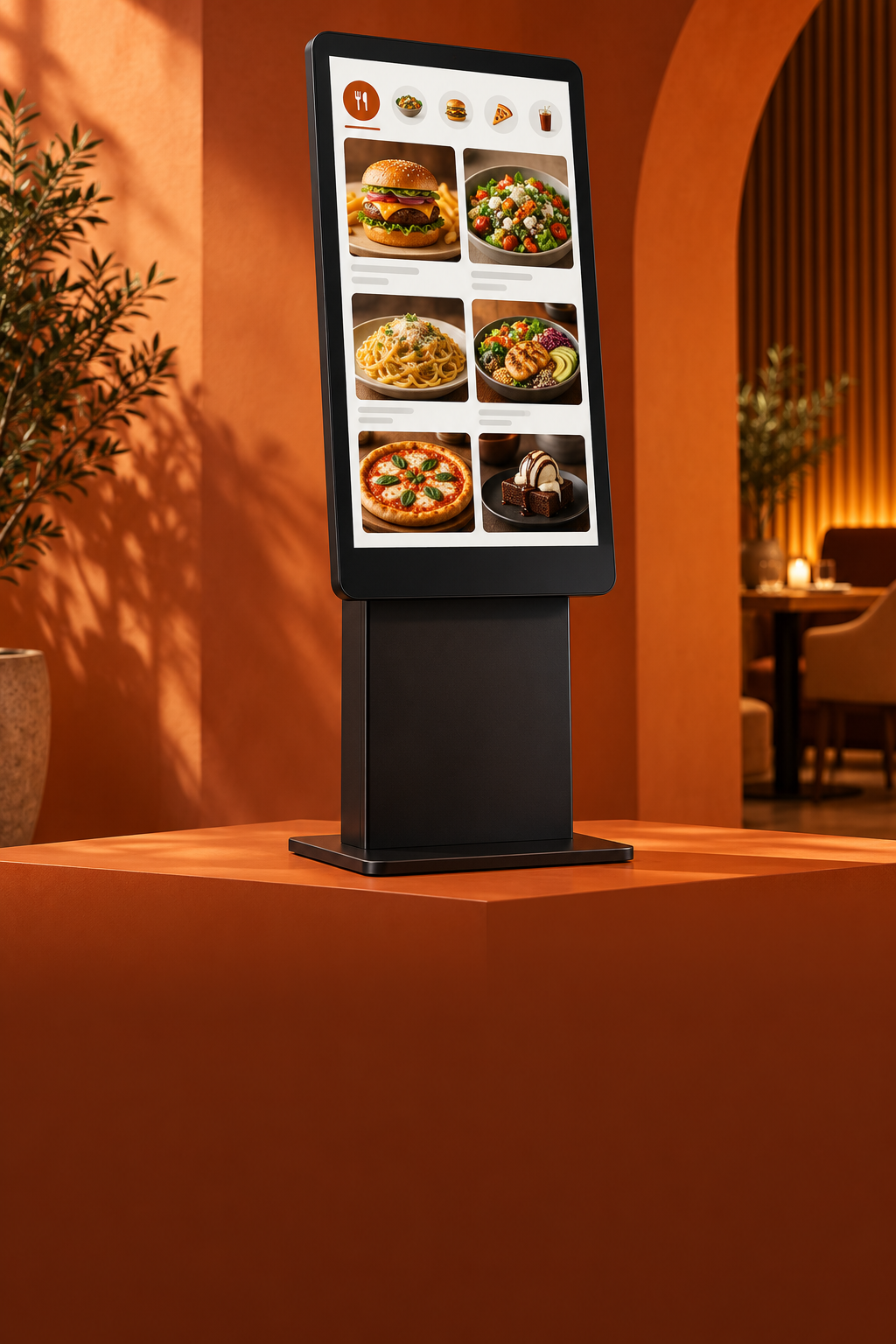 Illustrative restaurant self-service ordering kiosk