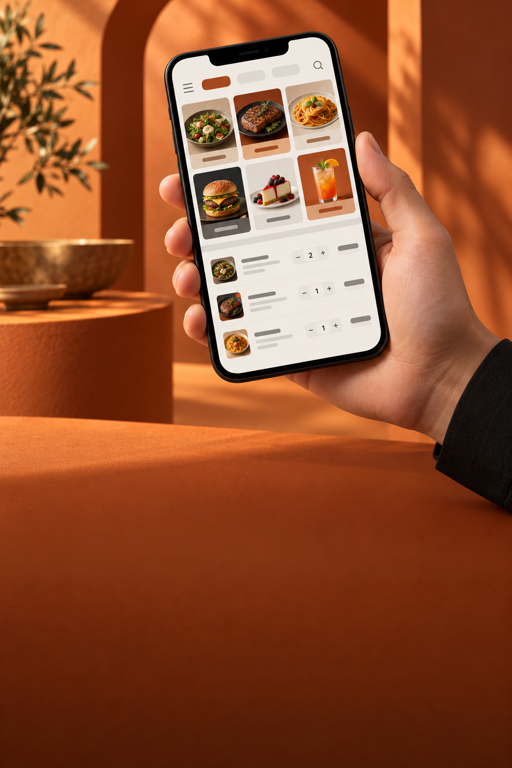 Illustrative waiter ordering app on a handheld phone